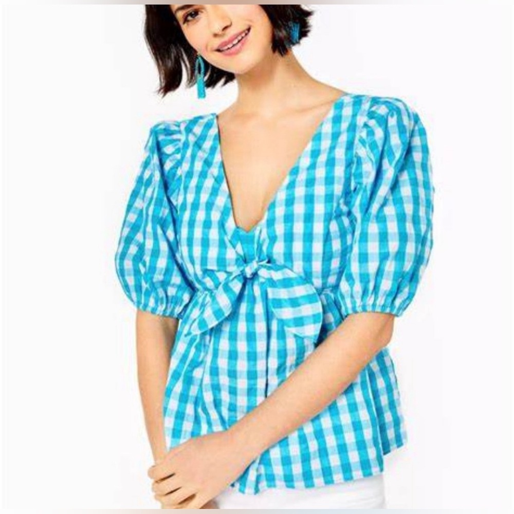 Lilly Pulitzer Sarafina Top | Blue Gingham Puff Sleeve Peplum Blouse